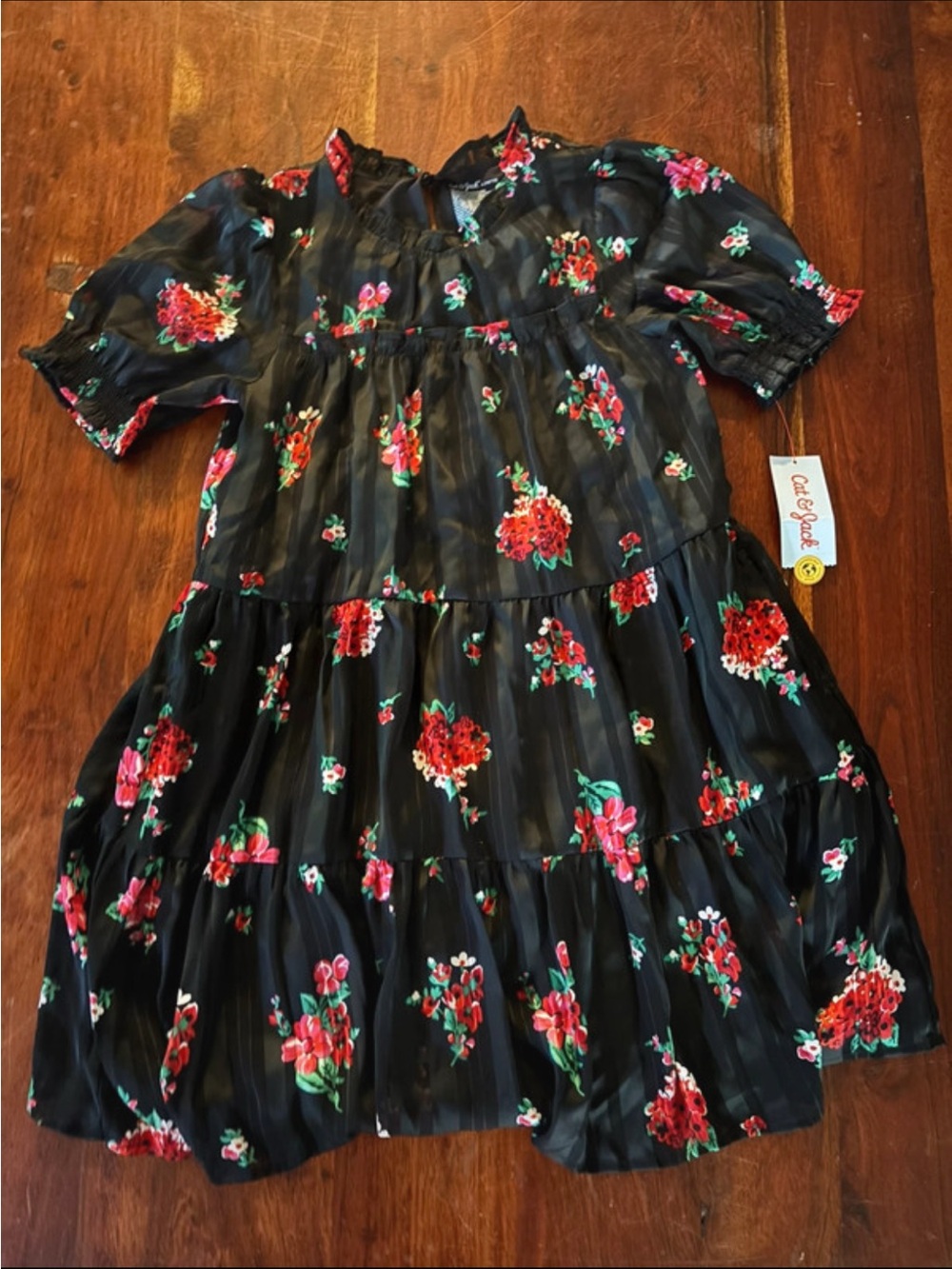 NWT Cat & Jack Black Floral Tiered Dress Size L
